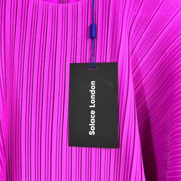 Solace London Tanzy Fuchsia Pleated White Bow Long Sleeve Mini Cocktail Dress - Picture 16 of 16